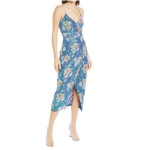 Saylor Faux Wrap Blue Floral Sequin Plunging Midi Dress NWT Medium